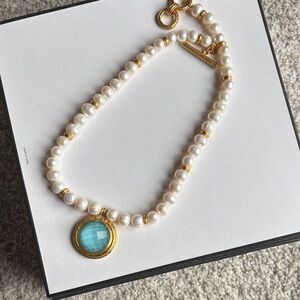Julie Vos Gold and White Pearl Necklace with Aqua Pendant